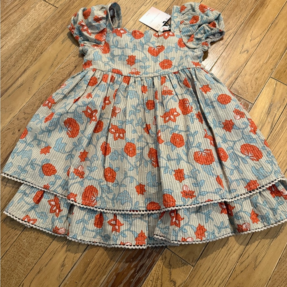 Girls Cream Blue Floral Dress with Orange Print